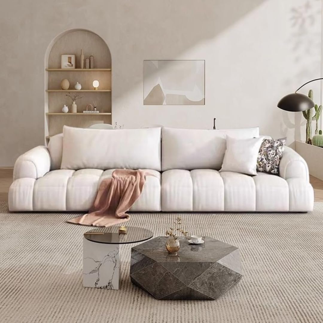 Comfynest Classic Cream Sofa with Concealed Support – 4-Seater Modern Living Room Couch with Anti Cat Scratch Fabric & Pillow Back Design (Off-White)