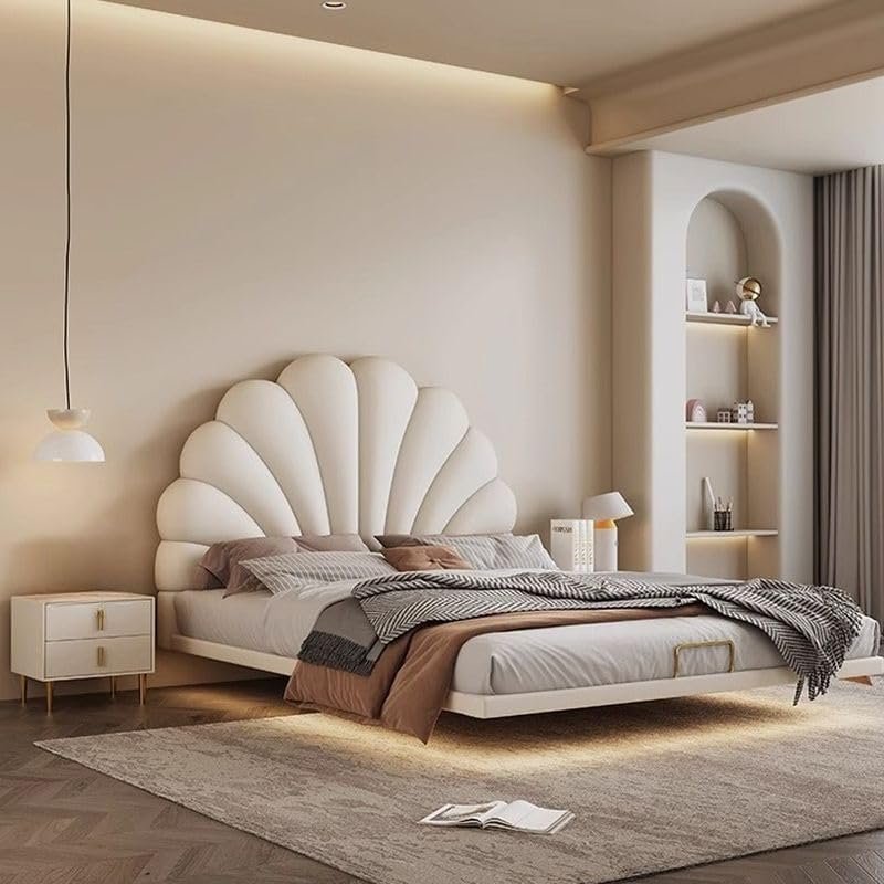 Modern Floating Upholstered Bed | White Solid Color Fabric Finish | Integrated Lighted Headboard | Platform Bed for Bedroom | King & Queen Sizes