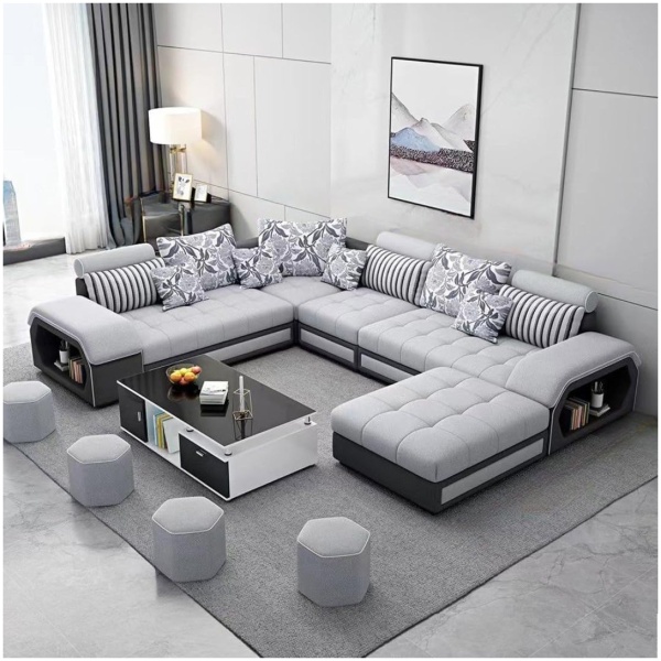 Comfynest U-Shaped Sectional Sofa Set - 5/6 Seater Convertible Sofa Bed with Button Tufted Back, Fabric Upholstery & Solid Wood Legs for Living Room