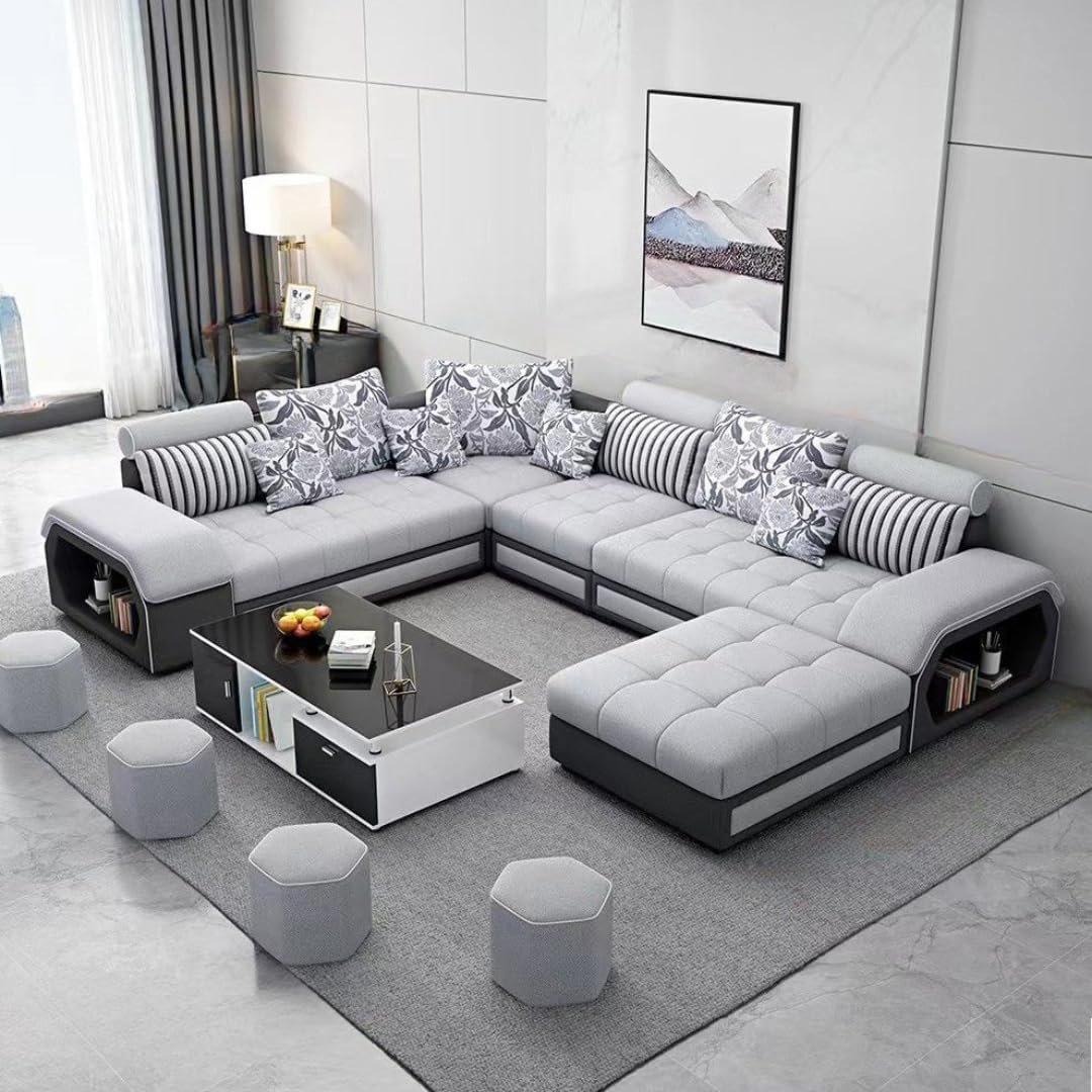 Comfynest U-Shaped Sectional Sofa Set - 5/6 Seater Convertible Sofa Bed with Button Tufted Back, Fabric Upholstery & Solid Wood Legs for Living Room