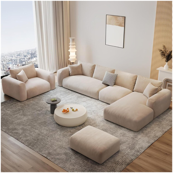 Comfynest Fleece Fabric Sofa Set - 5 Seater Sectional Couch with Adjustable Armrests, Overstuffed Cushions, Solid Wood Frame - Modern L Shaped Living Room Furniture