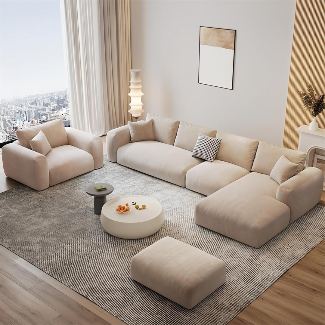 Comfynest Fleece Fabric Sofa Set - 5 Seater Sectional Couch with Adjustable Armrests, Overstuffed Cushions, Solid Wood Frame - Modern L Shaped Living Room Furniture