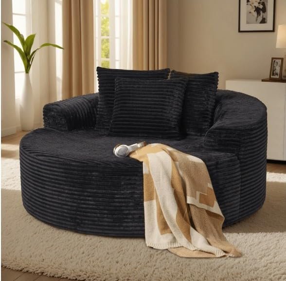 Modern Lounge Sofa Chair O-Shape Modular Couch | Oversized Round Lounge Chair with Wooden Base | Fluffy Upholstered Sleeper Lounger Sofa Chair for Living Room | Modern Circular Accent Couch