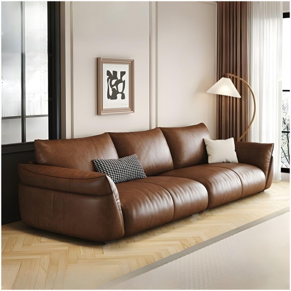 Modern Faux Leather Living Room Sofa – Brown Upholstered Couch with Padded Armrests & Matching Bolster Cushions – Minimalist Contemporary Sofa for Small & Large Spaces