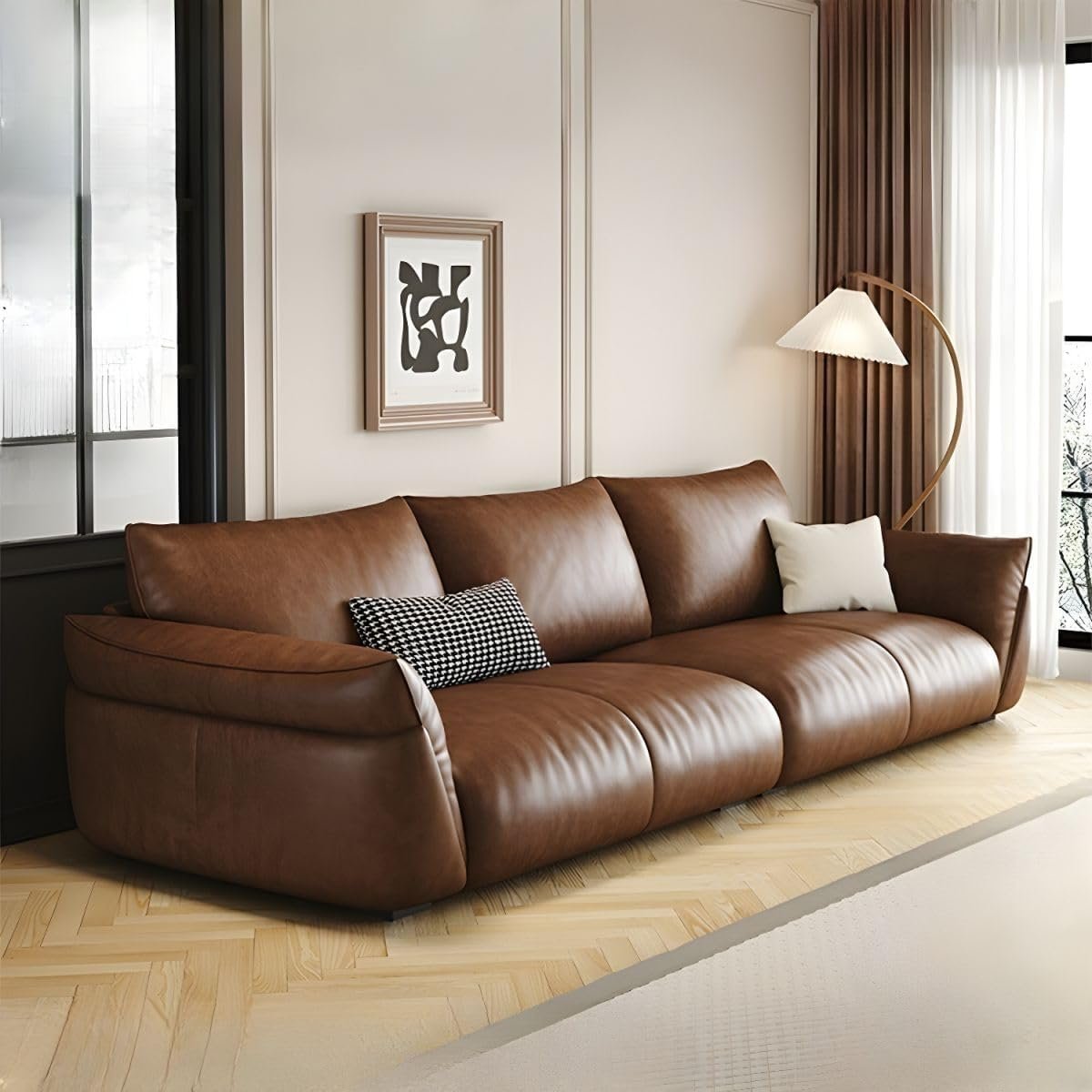 Modern Faux Leather Living Room Sofa – Brown Upholstered Couch with Padded Armrests & Matching Bolster Cushions – Minimalist Contemporary Sofa for Small & Large Spaces