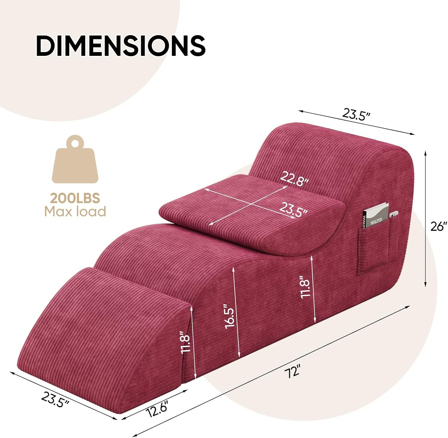 Modern Yoga Chair Lounge – Ergonomic S Shape Chaise Lounge Sofa with Ottoman, Headrest & Waist Support Pillow – Indoor Foam Stretching Chair for Relaxation, Reading & Massage