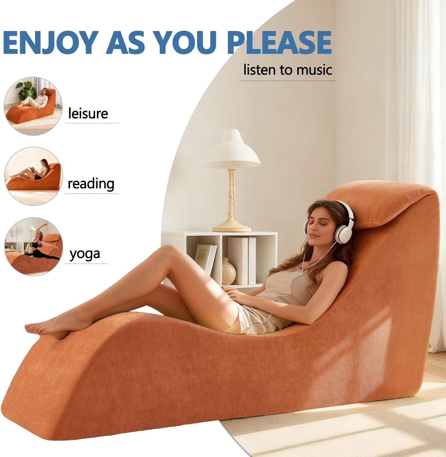 Modern Yoga Chair Lounge – Ergonomic S Shape Chaise Lounge Sofa with Ottoman, Headrest & Waist Support Pillow – Indoor Foam Stretching Chair for Relaxation, Reading & Massage