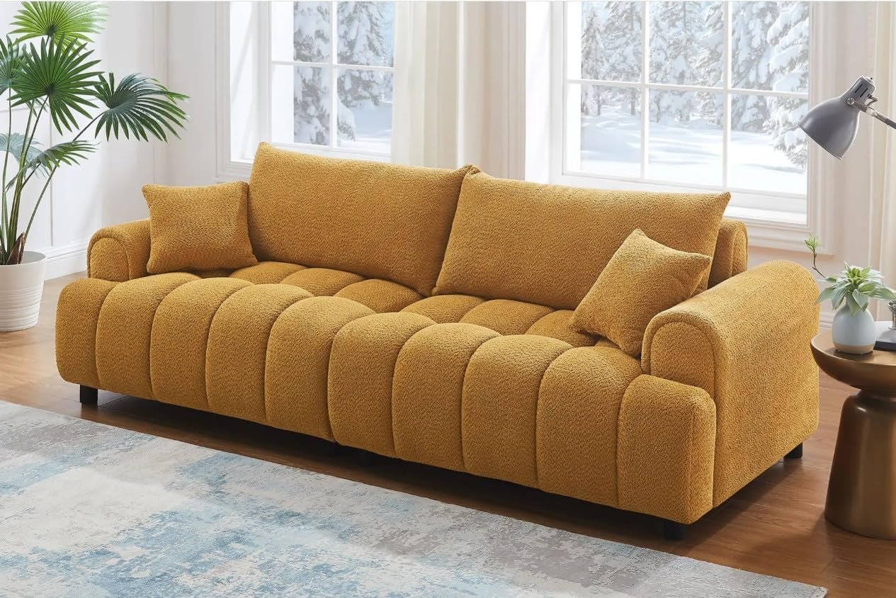 Comfynest 3 Seater Bouclé Sofa Couch for Living Room, 230 CM Large Modern Loveseat Sofa with Cushions, Deep Seat Upholstered Curved Fabric Couch for Home & Apartment