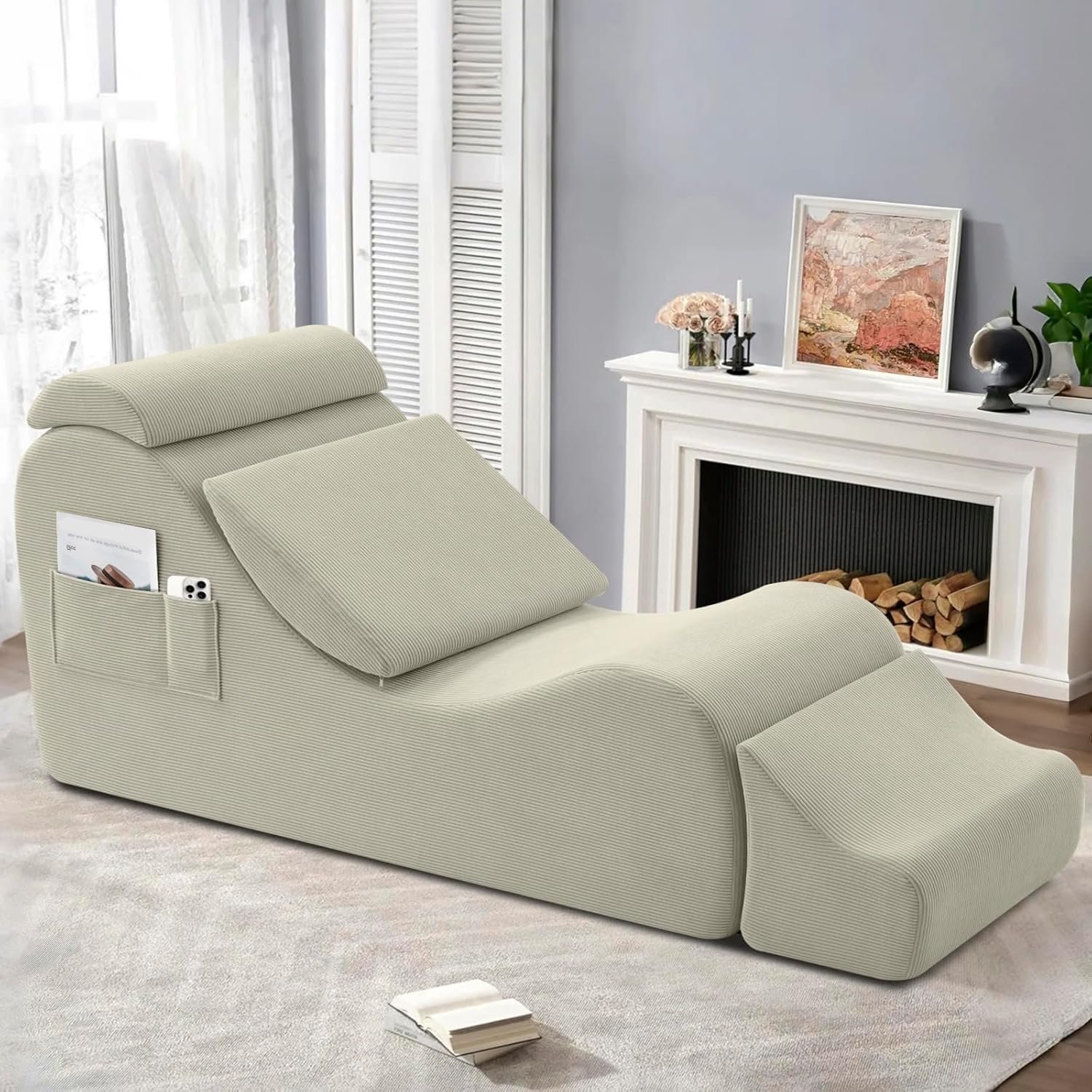 Modern Yoga Chair Lounge – Ergonomic S Shape Chaise Lounge Sofa with Ottoman, Headrest & Waist Support Pillow – Indoor Foam Stretching Chair for Relaxation, Reading & Massage