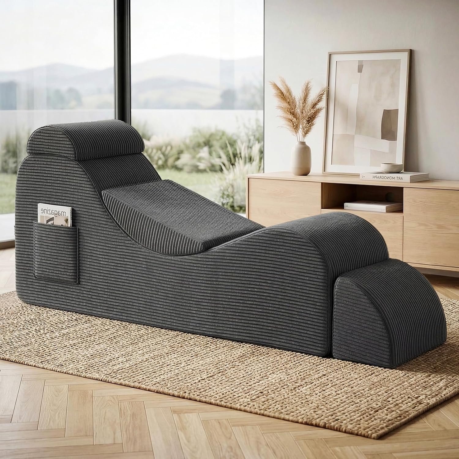 Modern Yoga Chair Lounge – Ergonomic S Shape Chaise Lounge Sofa with Ottoman, Headrest & Waist Support Pillow – Indoor Foam Stretching Chair for Relaxation, Reading & Massage
