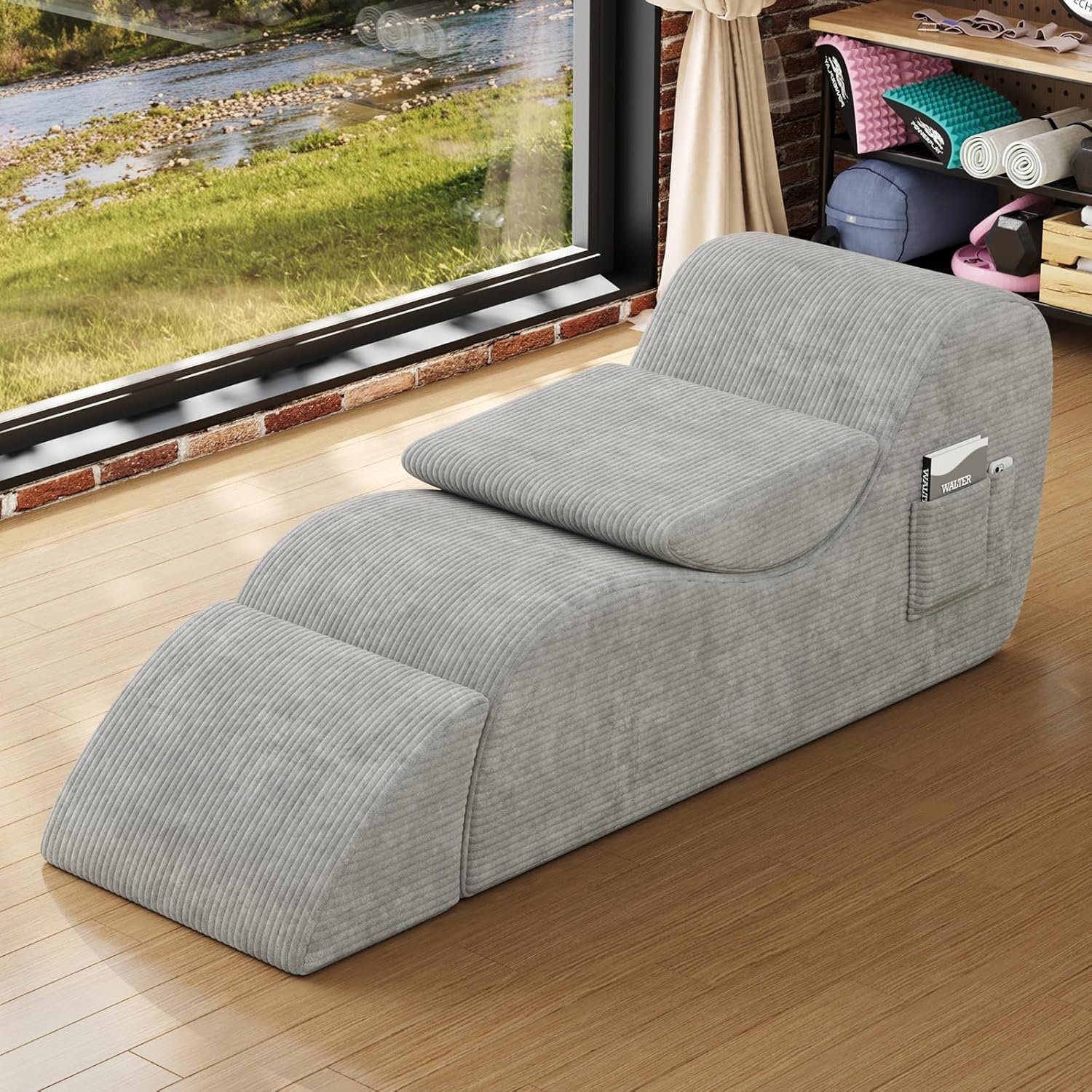 Modern Yoga Chair Lounge – Ergonomic S Shape Chaise Lounge Sofa with Ottoman, Headrest & Waist Support Pillow – Indoor Foam Stretching Chair for Relaxation, Reading & Massage