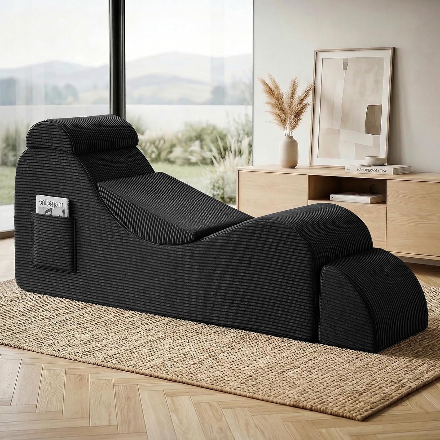 Modern Yoga Chair Lounge – Ergonomic S Shape Chaise Lounge Sofa with Ottoman, Headrest & Waist Support Pillow – Indoor Foam Stretching Chair for Relaxation, Reading & Massage