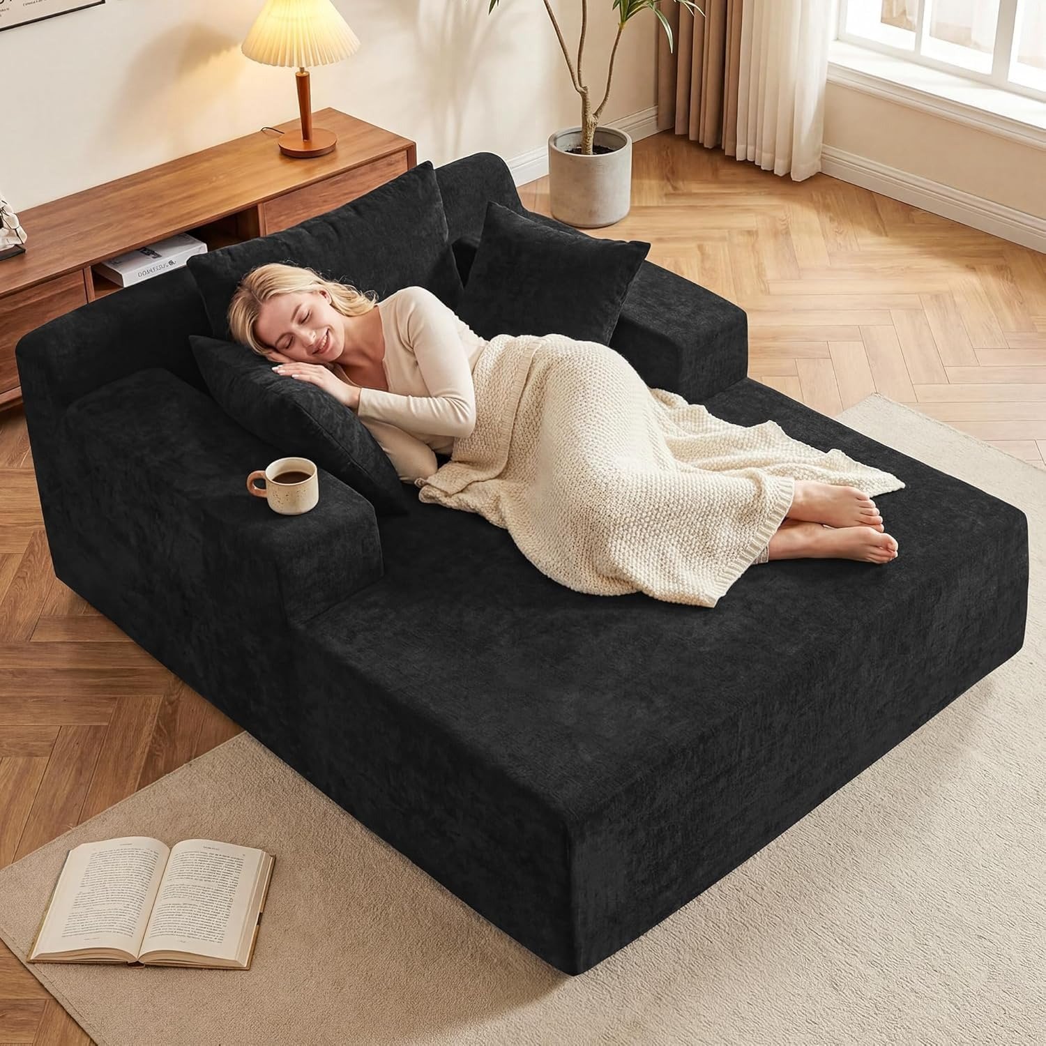 Modern Corduroy Chaise Lounge Chair Indoor – Deep Seat Sleeper Sofa Bed with Wooden Frame – Oversized Reading Chair Couch for Bedroom, Living Room & Movie Room