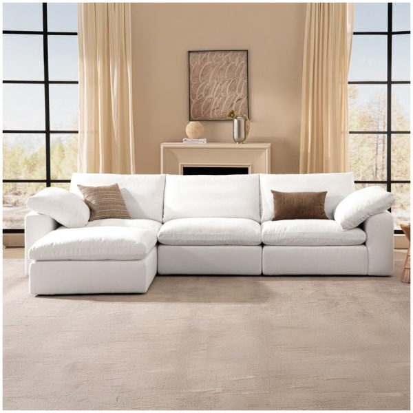 280cm Cloud Couch, Oversized Modular Sectional Sofa with Storage Ottoman, L-Shaped 3-Seat Deep Lounge Couch, Plush Feather Fill, Washable White Cotton Fabric