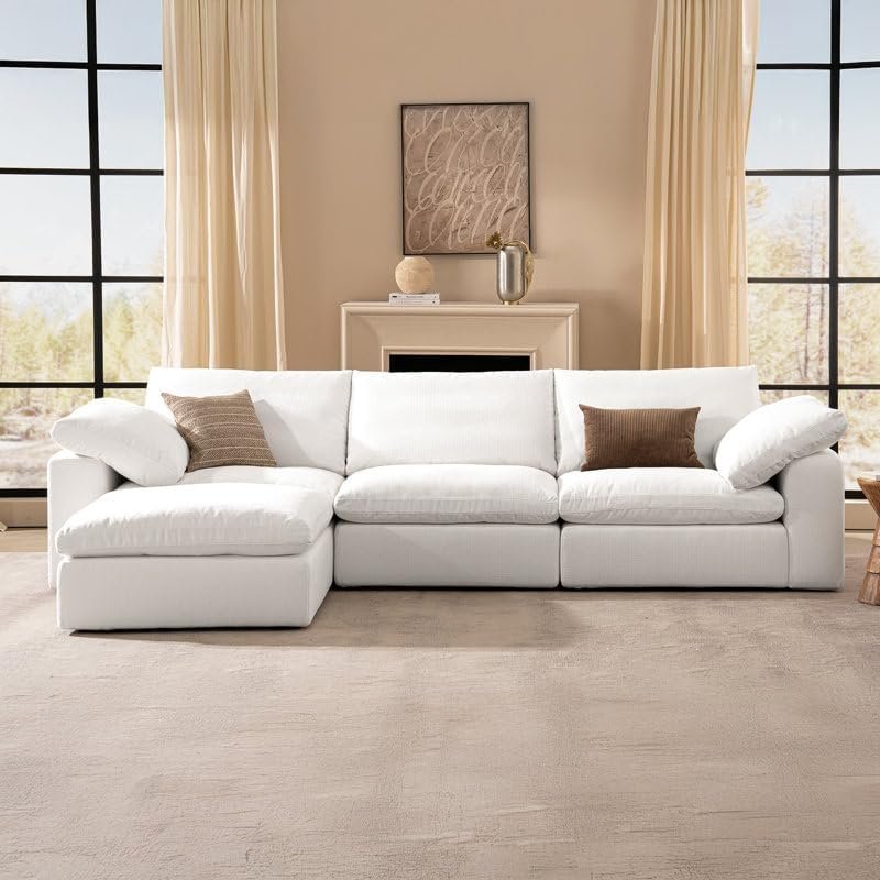 280cm Cloud Couch, Oversized Modular Sectional Sofa with Storage Ottoman, L-Shaped 3-Seat Deep Lounge Couch, Plush Feather Fill, Washable White Cotton Fabric