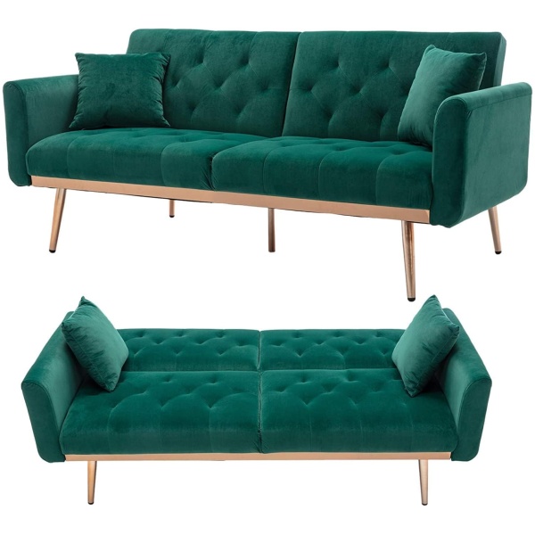 Light Luxury Velvet Convertible Modern Sofa Cum Bed (Dark Green)