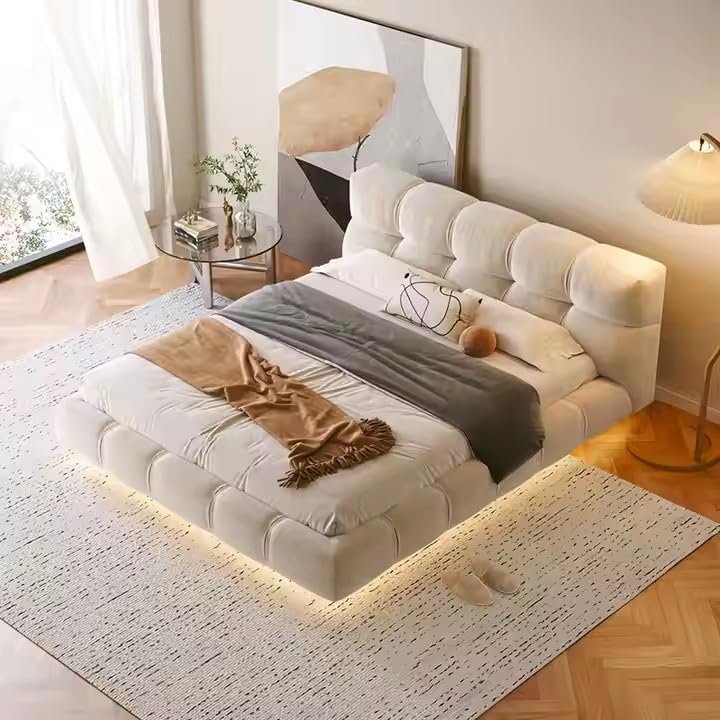 Italian Solid Wood King Bed Frame – Minimalist Beige, Premium Craftsmanship, Suitable Mattress for (140x200, 160x200, 180x200, 200x200cm)