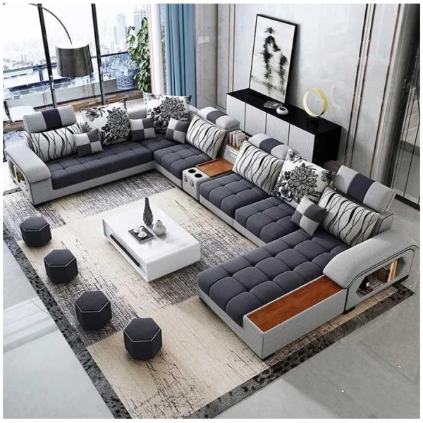 U-Shaped 7-Seater Sectional Sofa Set – Modern Corner Couch with Latex Spring Cushions, smart Tea Table are not Included Reversible Design for Living Room | Durable Fabric, Easy Assembly