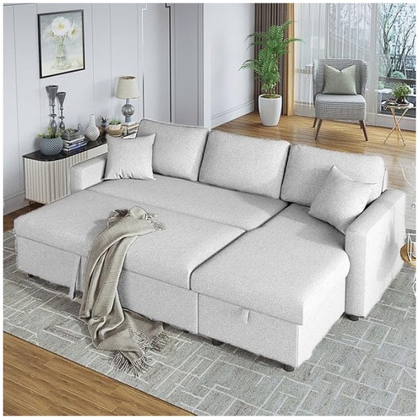 Hunter 3-Seater Diwan Sofa Cum Bed - Beige | Convertible Chaise, In-Built Storage & Foam-Coil Comfort | Versatile Living Room, Apartment Furniture