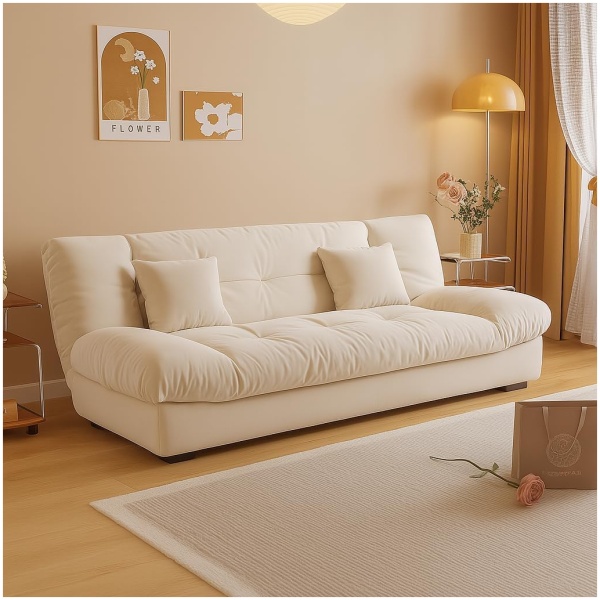 Velvet 3-Seater Convertible Sofa Bed - Scandinavian Modern Foldable Sleeper with High-Density Foam, 300kg Capacity, Art Deco White for Living Room & Space Saving