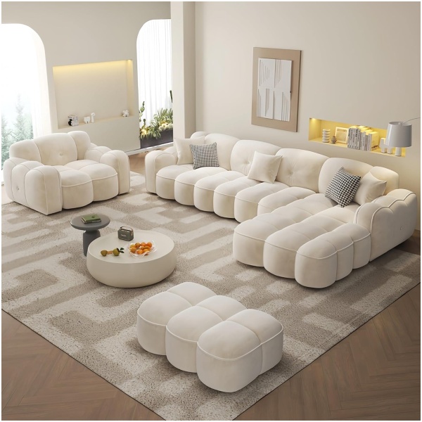Beige 5 Seater L-Shape Sectional Sofa Set | Modular Fleece Overstuffed Corner Sofa + Single Seater + Footstool for Living Room & Office