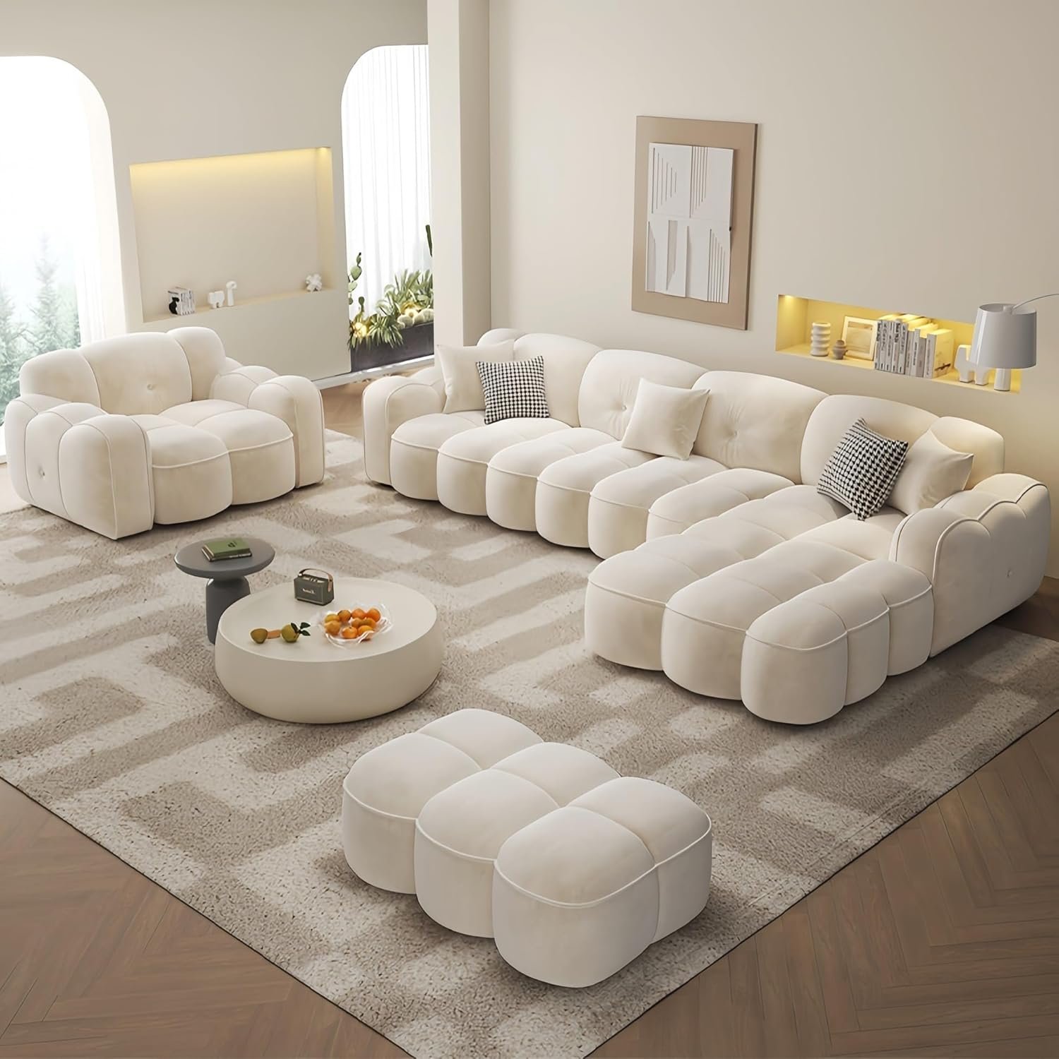 Beige 5 Seater L-Shape Sectional Sofa Set | Modular Fleece Overstuffed Corner Sofa + Single Seater + Footstool for Living Room & Office