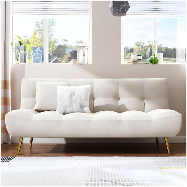 Velvet Futon Sofa Bed with Brass Legs - Scandinavian Tufted Back Armless Convertible Sleeper Couch for Living Room, Bedroom, or Office - 180cm Modern Small Space Loveseat