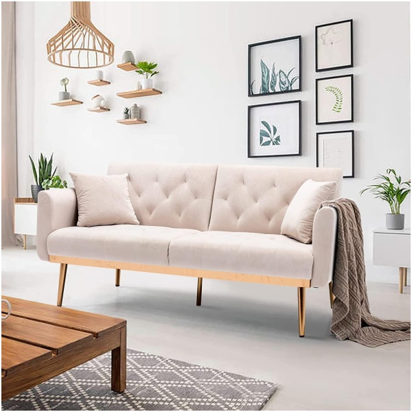 Light Luxury Velvet Convertible Modern Sofa Cum Bed (Beige)