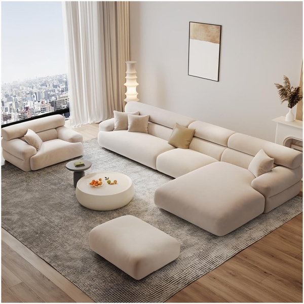 Beige Velvet Modular Sofa Set - Overstuffed Multifunction Couch with Footstool, L-Shaped 5 Seater Sectional for Living Room & Office