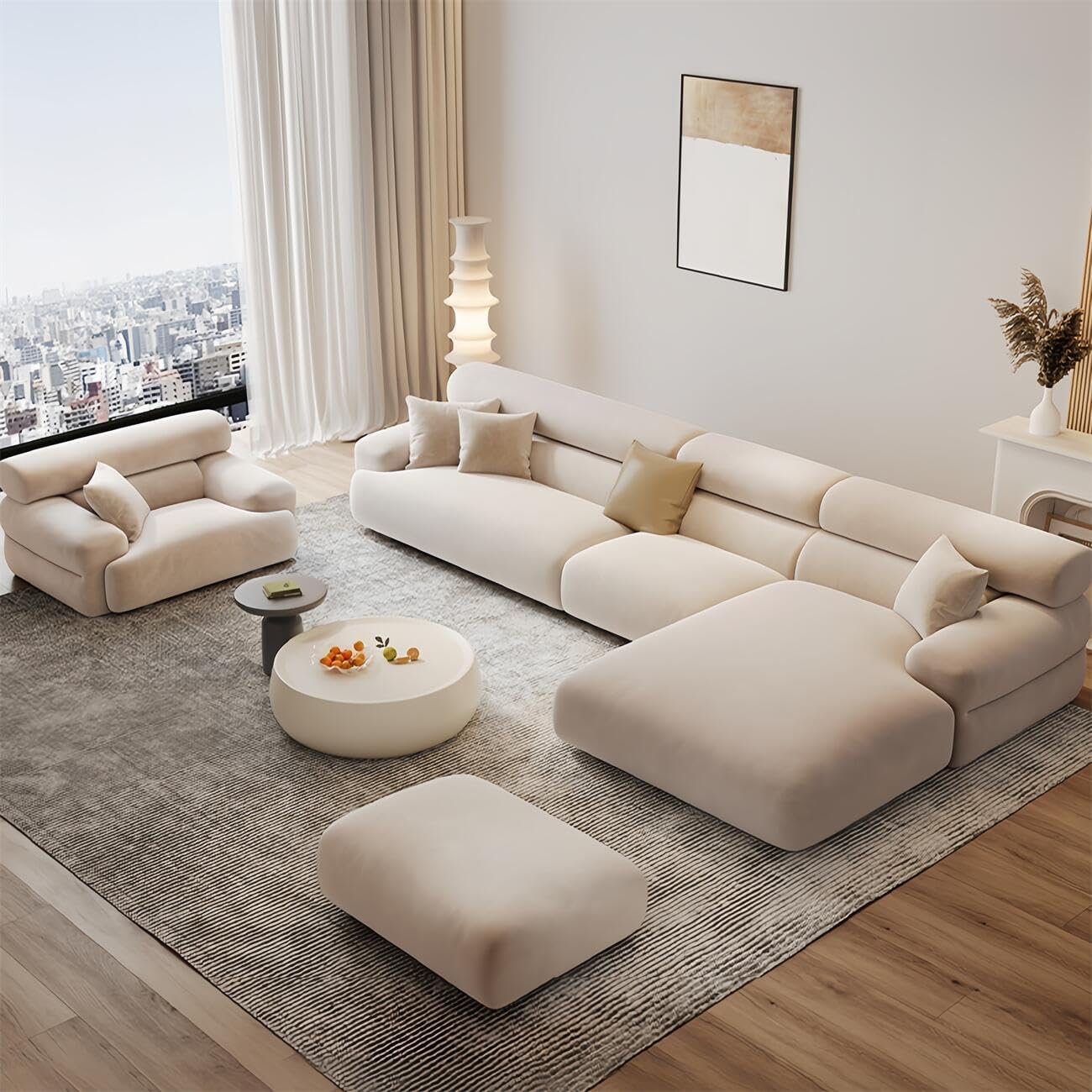 Beige Velvet Modular Sofa Set - Overstuffed Multifunction Couch with Footstool, L-Shaped 5 Seater Sectional for Living Room & Office