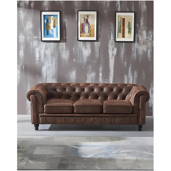 Chesterfield 3+2+1 Sofa Set – Dark Brown Faux Leather Upholstery | Classic Tuxedo Arms, Button Tufted Back & Rolled Arm Design | Elegant Vintage Style Living Room Furniture