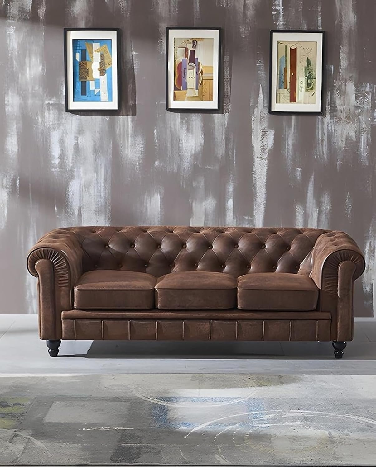 Chesterfield 3+2+1 Sofa Set – Dark Brown Faux Leather Upholstery | Classic Tuxedo Arms, Button Tufted Back & Rolled Arm Design | Elegant Vintage Style Living Room Furniture