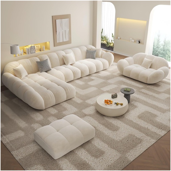 L-Shape Fleece Overstuffed Sectional Sofa Set | Off White | Modular Corner Sofa + Single Seater + Footstool for Living Room & Office