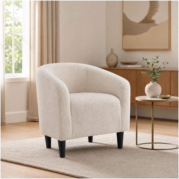Boucle Fabric Lounge Chair, Cozy 1-Seater Accent Chair with Solid Wood Frame for Living Room or Bedroom