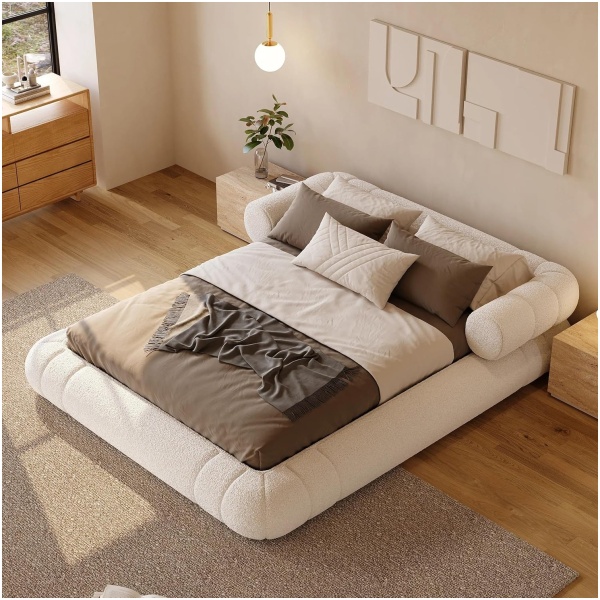 Modern Upholstered Bed with Boucle Fabric, Circular Headboard & Low-Profile Frame – Contemporary Platform Bed with Sturdy Wood